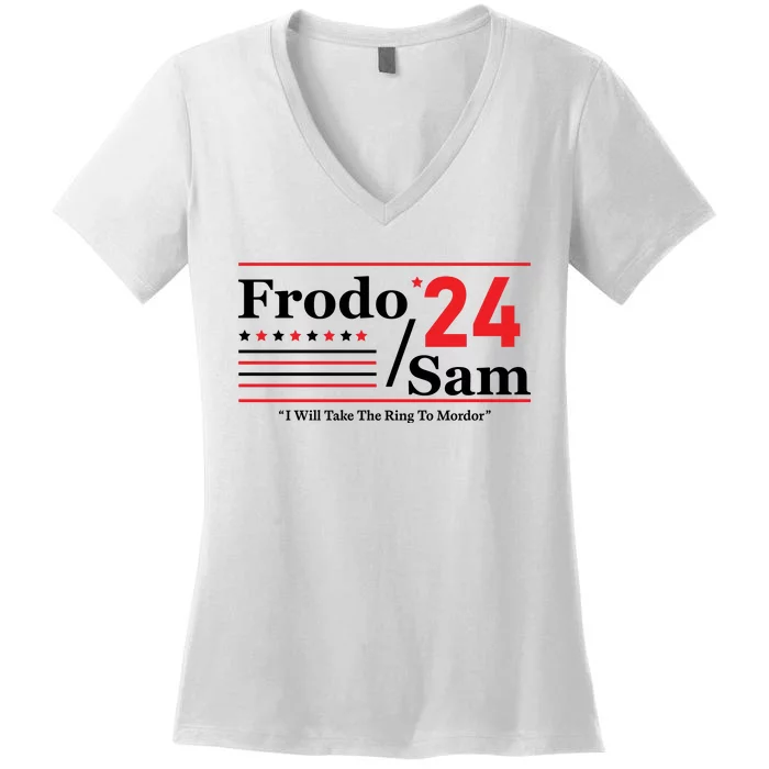 Frodo Sam 2024 I Will Take The Ring To Mordor Funny Women's V-Neck T-Shirt