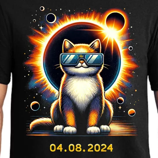 Funny Solar 2024 Eclipse Cat Wearing Eclipse Glasses Pajama Set