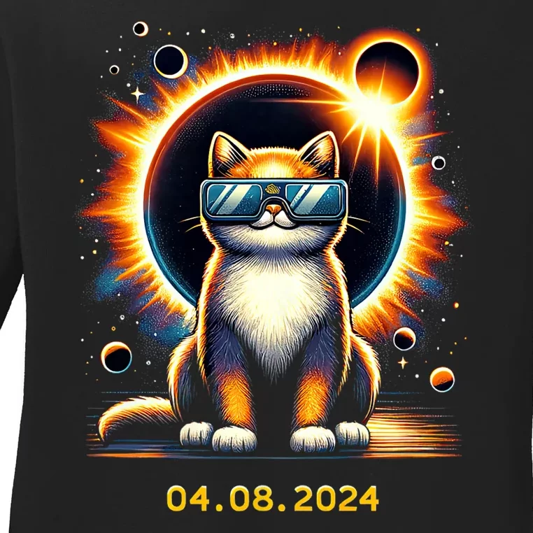 Funny Solar 2024 Eclipse Cat Wearing Eclipse Glasses Ladies Long Sleeve Shirt