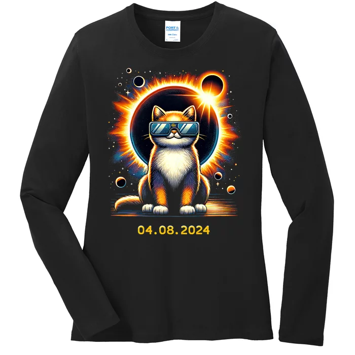 Funny Solar 2024 Eclipse Cat Wearing Eclipse Glasses Ladies Long Sleeve Shirt