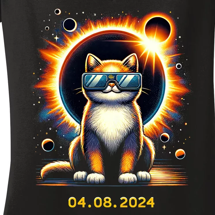 Funny Solar 2024 Eclipse Cat Wearing Eclipse Glasses Women's V-Neck T-Shirt