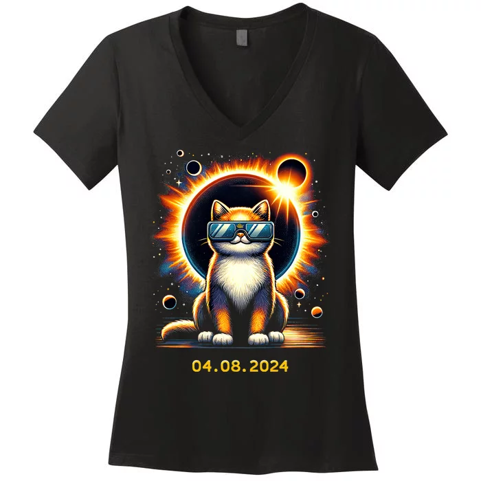 Funny Solar 2024 Eclipse Cat Wearing Eclipse Glasses Women's V-Neck T-Shirt