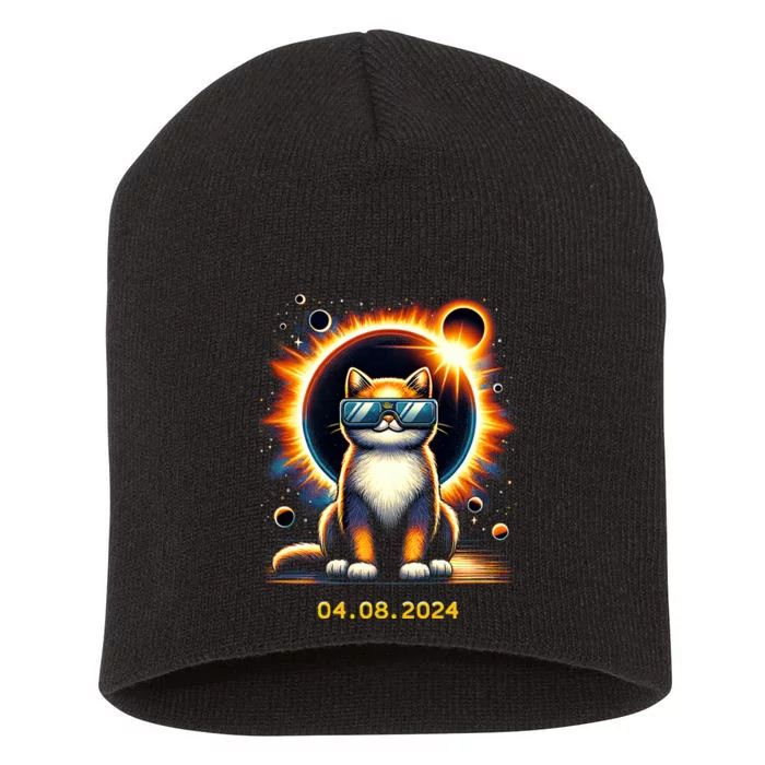 Funny Solar 2024 Eclipse Cat Wearing Eclipse Glasses Short Acrylic Beanie