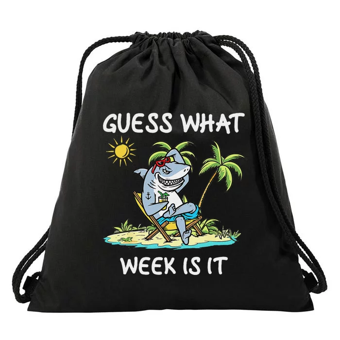 Funny Shark 2024 Week Guess What Week Is It Shark Lover Gift Drawstring Bag