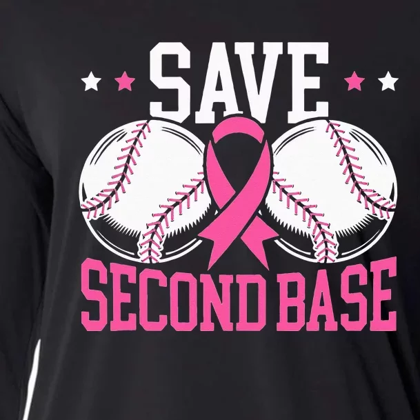 Funny Save 2nd Base Baseball Player Breast Cancer Awareness Cooling Performance Long Sleeve Crew