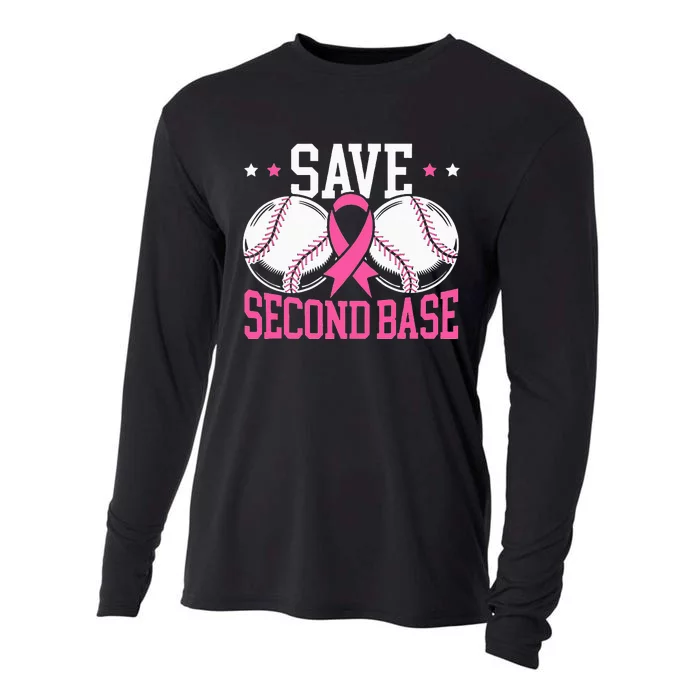 Funny Save 2nd Base Baseball Player Breast Cancer Awareness Cooling Performance Long Sleeve Crew