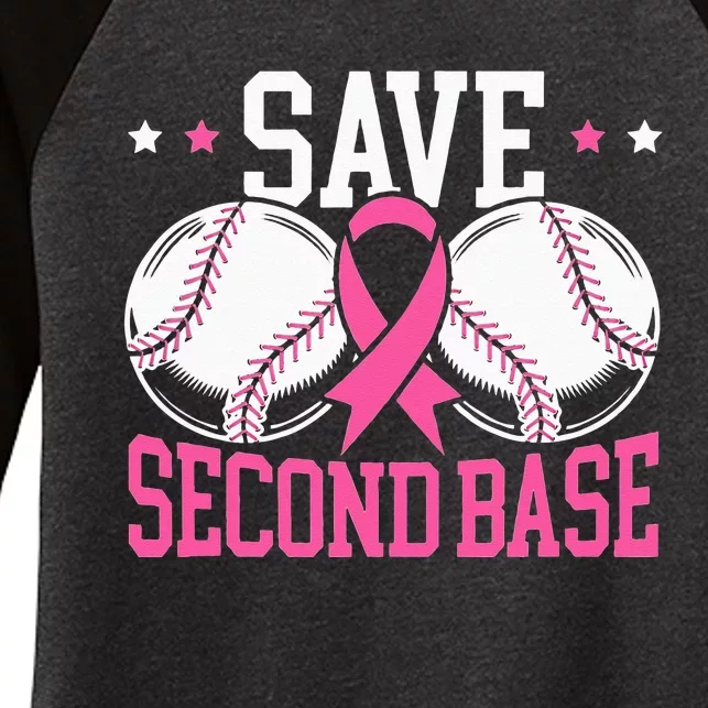 Funny Save 2nd Base Baseball Player Breast Cancer Awareness Women's Tri-Blend 3/4-Sleeve Raglan Shirt