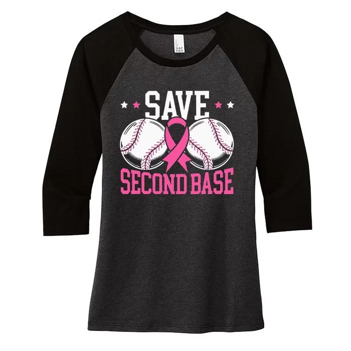 Funny Save 2nd Base Baseball Player Breast Cancer Awareness Women's Tri-Blend 3/4-Sleeve Raglan Shirt