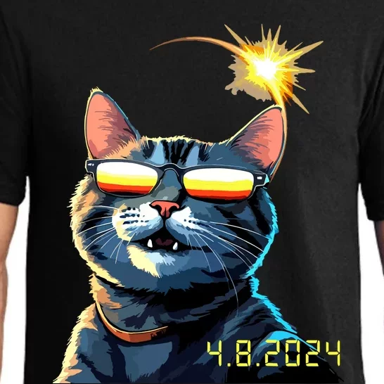 Funny Solar 2024 Eclipse Cat Wearing Eclipse Glasses Pajama Set