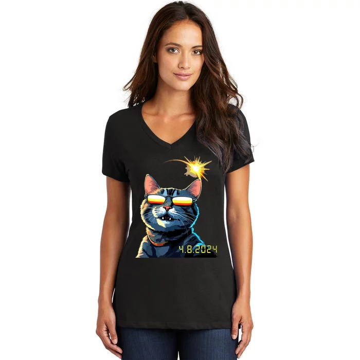 Funny Solar 2024 Eclipse Cat Wearing Eclipse Glasses Women's V-Neck T-Shirt