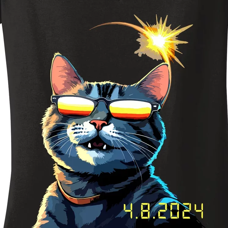 Funny Solar 2024 Eclipse Cat Wearing Eclipse Glasses Women's V-Neck T-Shirt