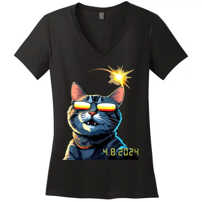 Funny Solar 2024 Eclipse Cat Wearing Eclipse Glasses Women's V-Neck T-Shirt