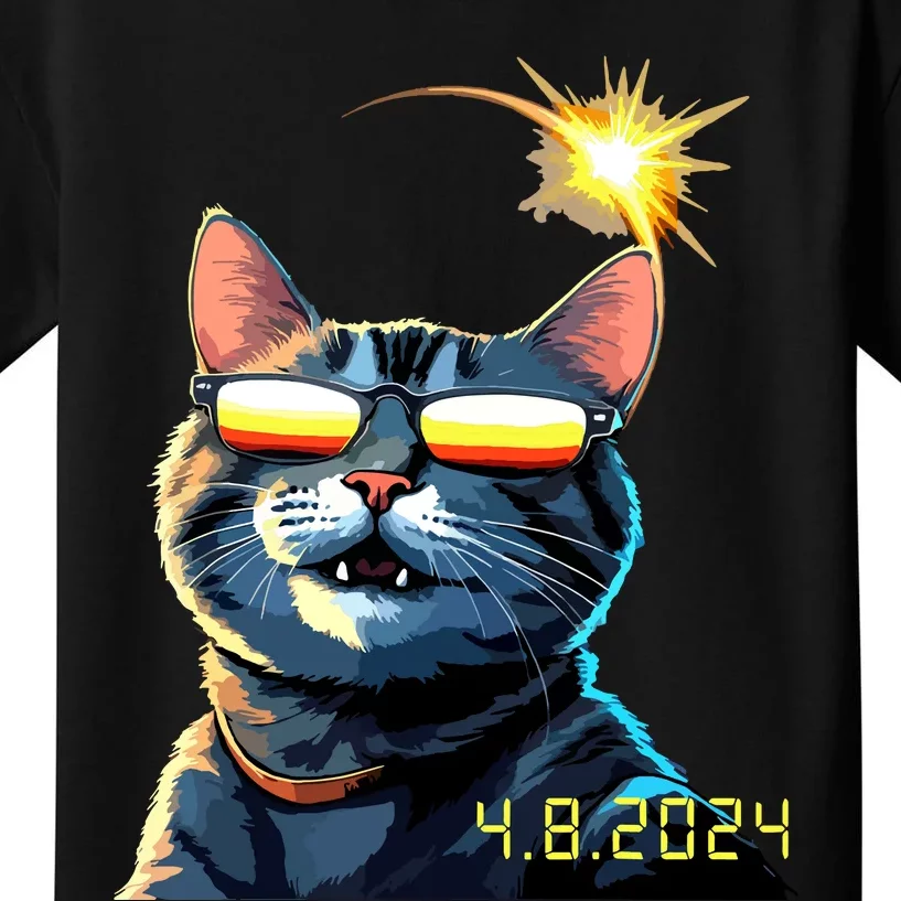 Funny Solar 2024 Eclipse Cat Wearing Eclipse Glasses Kids T-Shirt