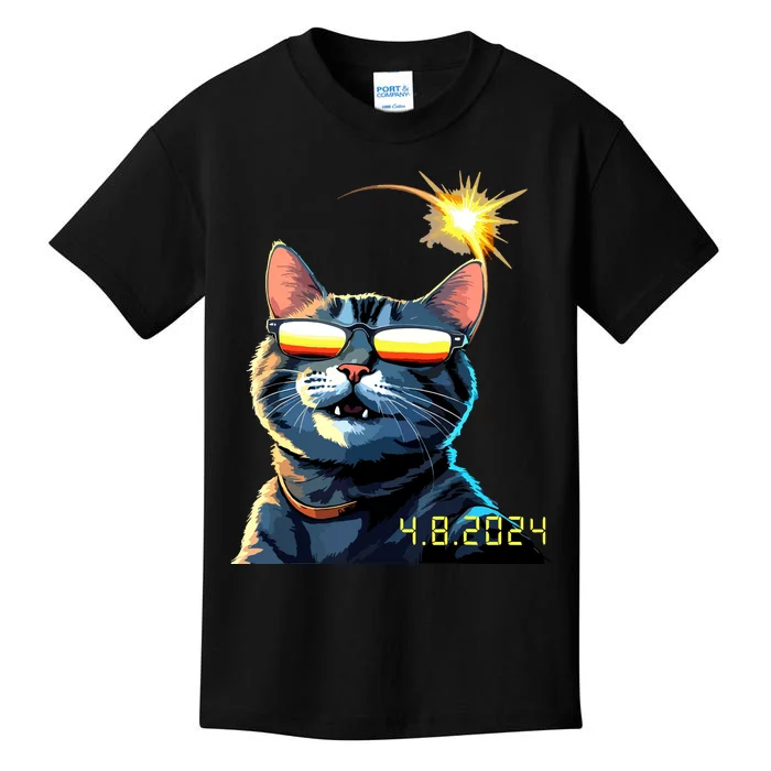 Funny Solar 2024 Eclipse Cat Wearing Eclipse Glasses Kids T-Shirt