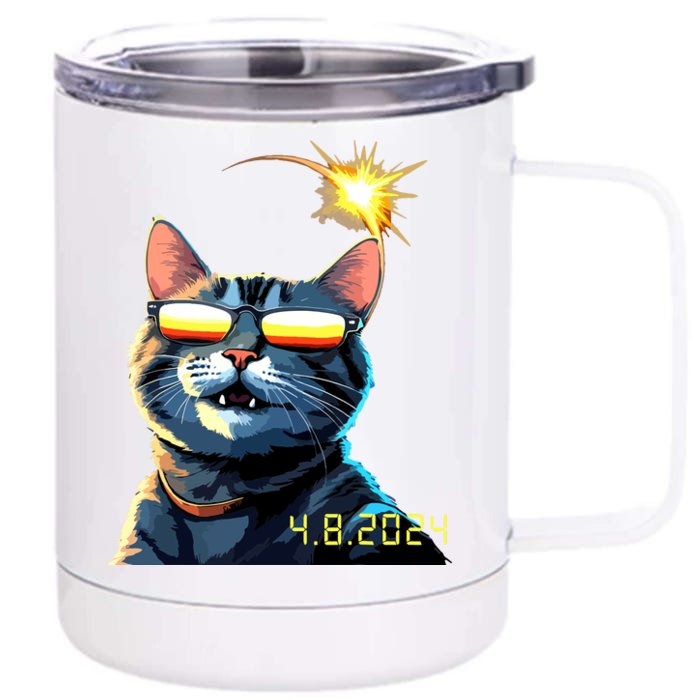 Funny Solar 2024 Eclipse Cat Wearing Eclipse Glasses Front & Back 12oz Stainless Steel Tumbler Cup