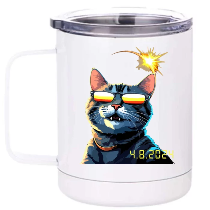 Funny Solar 2024 Eclipse Cat Wearing Eclipse Glasses Front & Back 12oz Stainless Steel Tumbler Cup