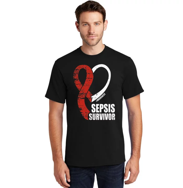 Family Sepsis Awareness Red Ribbon September Sepsis Survivor Tall T-Shirt