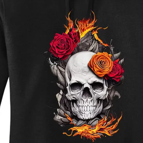 Flaming Skull And Roses Women's Pullover Hoodie