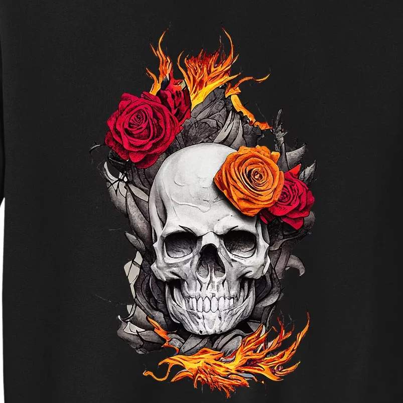 Flaming Skull And Roses Tall Sweatshirt