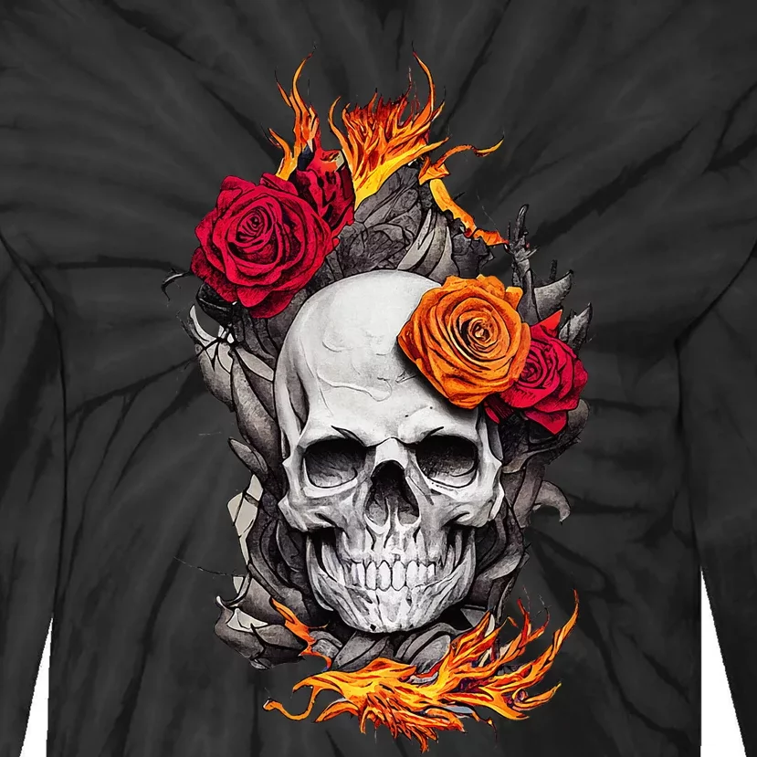 Flaming Skull And Roses Tie-Dye Long Sleeve Shirt