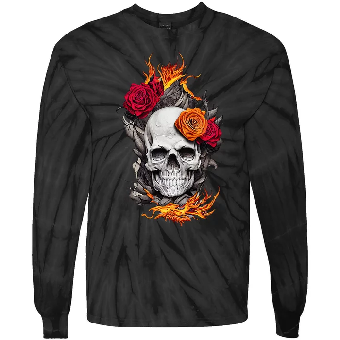 Flaming Skull And Roses Tie-Dye Long Sleeve Shirt