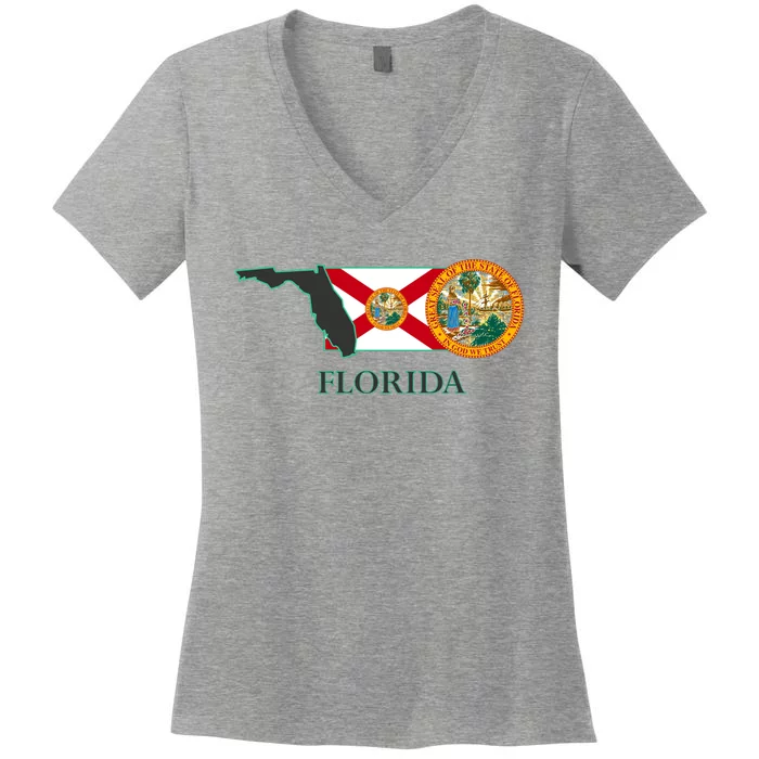 Florida Seal And Flag Women's V-Neck T-Shirt