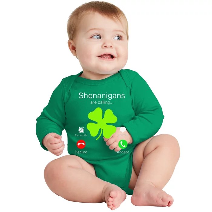 Funny Shenanigans Are Calling St Patricks Day Irish Clover Baby Long Sleeve Bodysuit