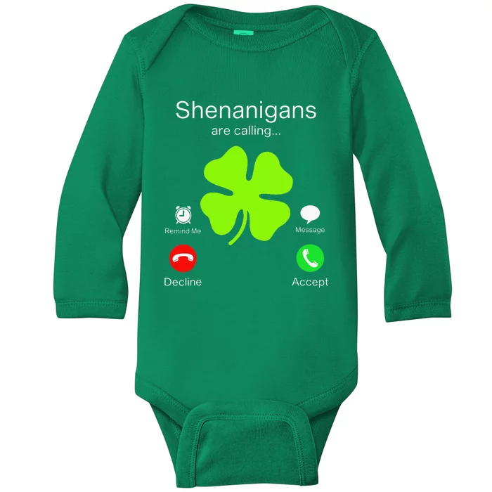 Funny Shenanigans Are Calling St Patricks Day Irish Clover Baby Long Sleeve Bodysuit