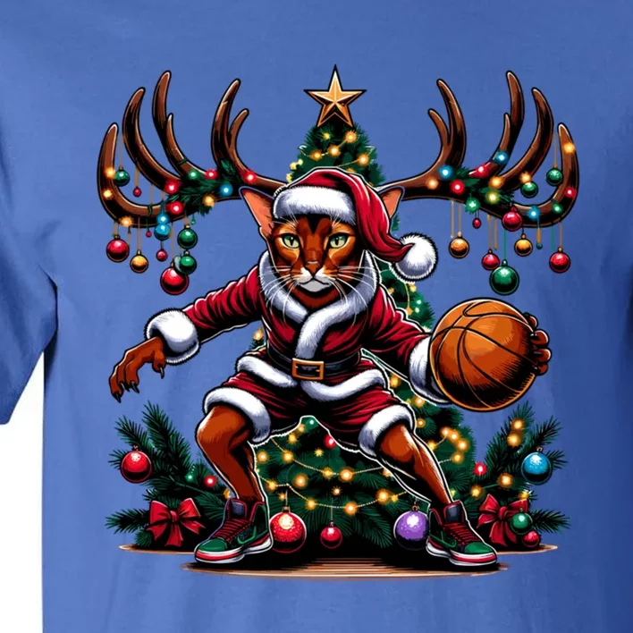 Funny Santa Abyssinian Cat Play Basketball Christmas Funny Gift Tall T-Shirt