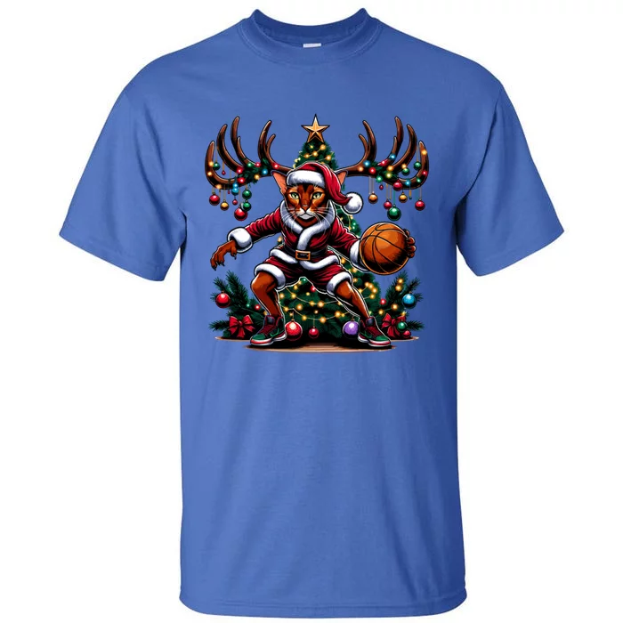 Funny Santa Abyssinian Cat Play Basketball Christmas Funny Gift Tall T-Shirt