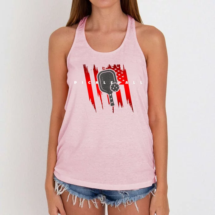 Funny Sport American Flag Pickleball Gift For Fans Women's Knotted Racerback Tank