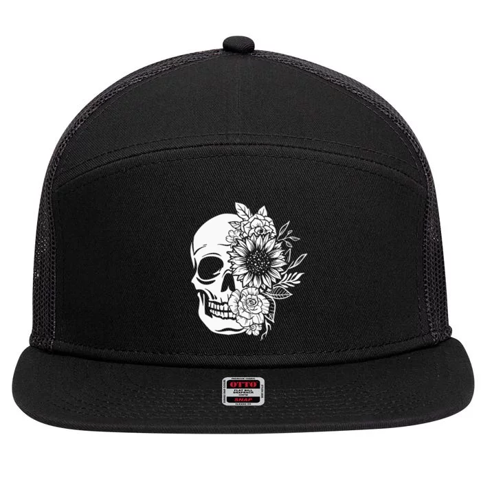 Floral Skull And Rose Magic Skull 7 Panel Mesh Trucker Snapback Hat