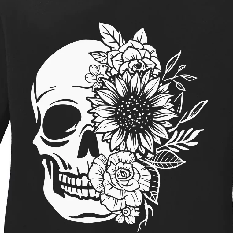 Floral Skull And Rose Magic Skull Ladies Long Sleeve Shirt