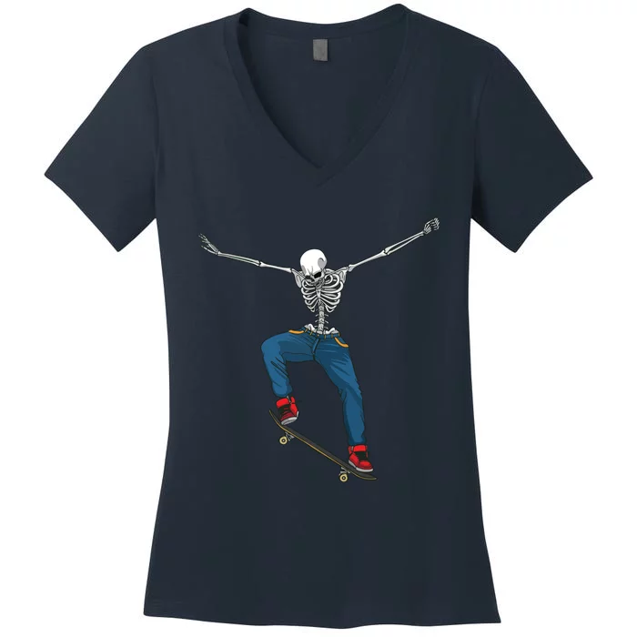 Funny Skateboard Art For Women Skateboarder Skeleton Women's V-Neck T-Shirt