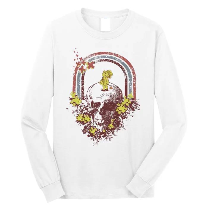 Flower Skull And Rainbow Retro Illustration Long Sleeve Shirt