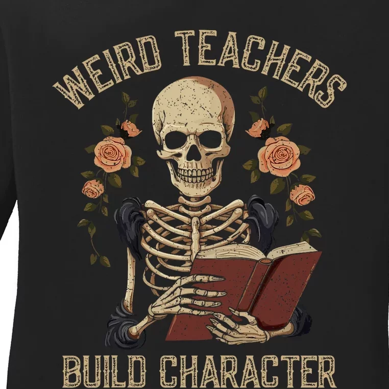 Funny Skeleton Book Floral Skull Halloween Teacher Ladies Long Sleeve Shirt