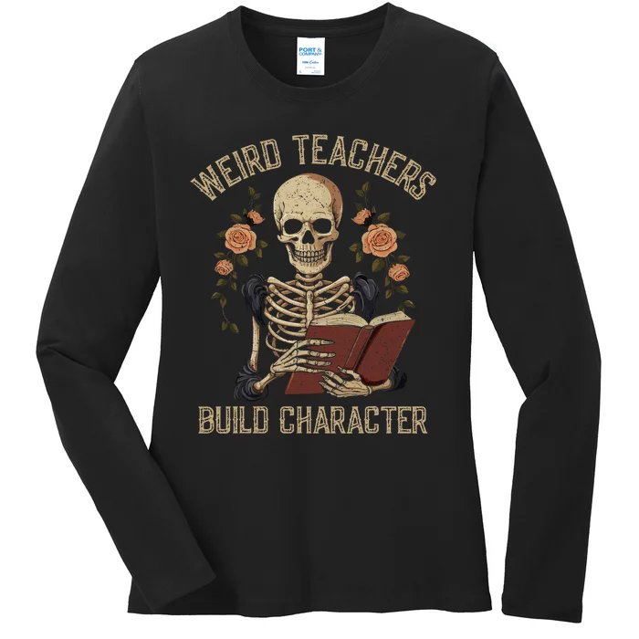 Funny Skeleton Book Floral Skull Halloween Teacher Ladies Long Sleeve Shirt