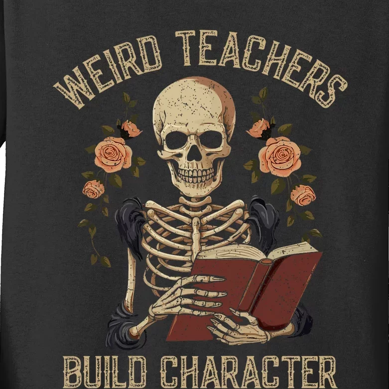 Funny Skeleton Book Floral Skull Halloween Teacher Kids Long Sleeve Shirt