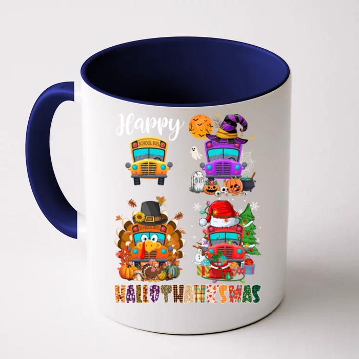 Funny School Bus Witch Turkey Santa Happy Hallothanksmas Gift Front & Back Coffee Mug