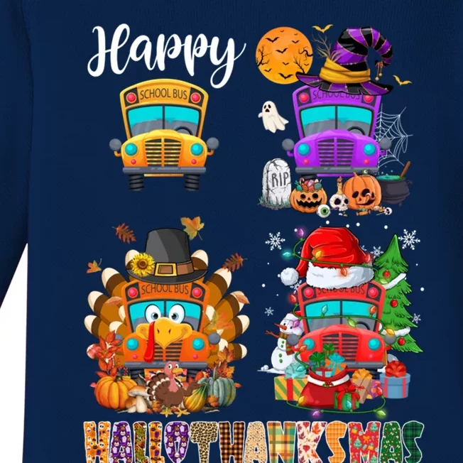 Funny School Bus Witch Turkey Santa Happy Hallothanksmas Gift Baby Long Sleeve Bodysuit