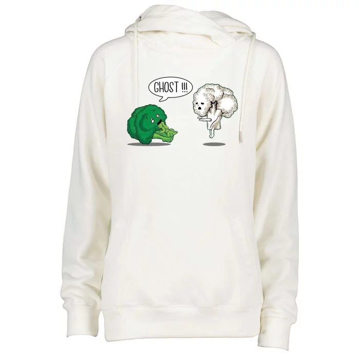 Funny Scared Broccoli By Ghost Cauliflower Funny Vegetarian Gift Womens Funnel Neck Pullover Hood