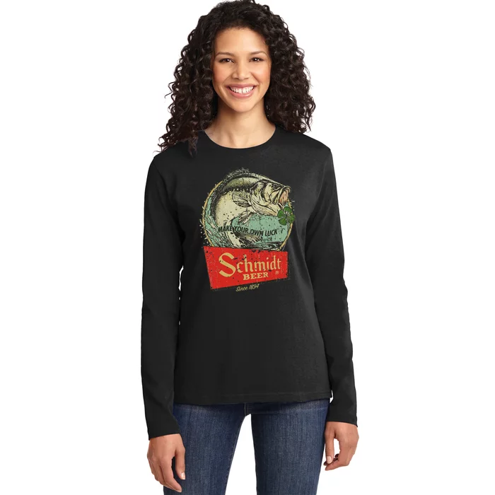 Fishing Schmidt Beer Make Your Own Luck 1894 Vintage Ladies Long Sleeve Shirt