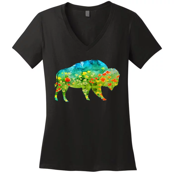 Flower Silhouette Bison Buffalo Women's V-Neck T-Shirt