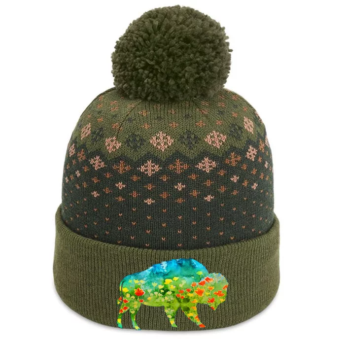 Flower Silhouette Bison Buffalo The Baniff Cuffed Pom Beanie