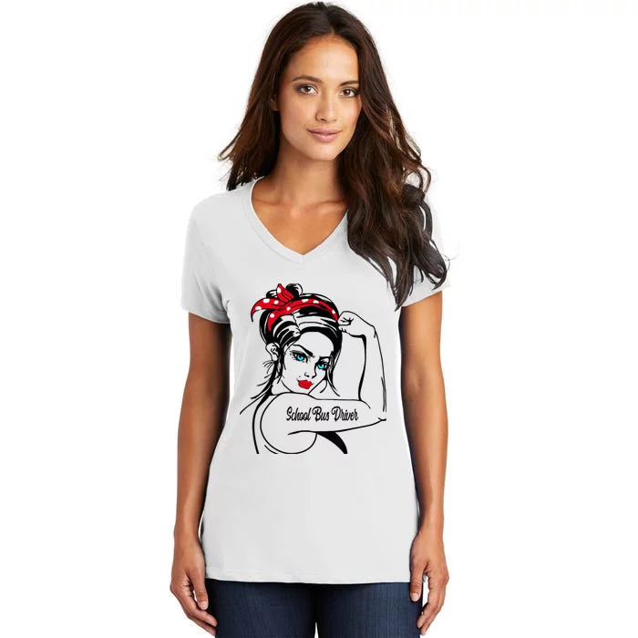 Female School Bus Driver Rosie The Riveter Pin Up Girl Women's V-Neck T-Shirt