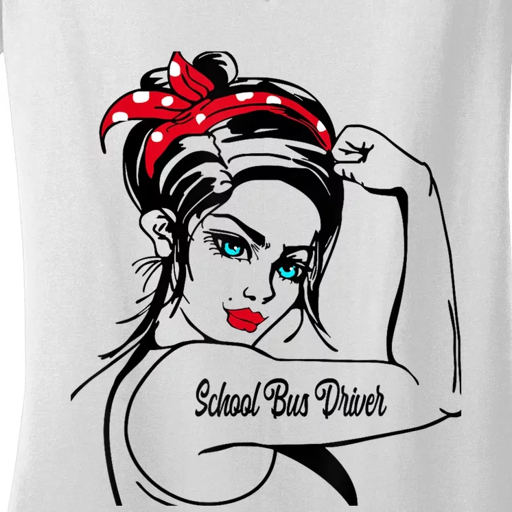 Female School Bus Driver Rosie The Riveter Pin Up Girl Women's V-Neck T-Shirt