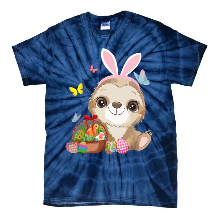 Funny Sloth Bunny Ear With Eggs Basket Easter Costume Rabbit Tie-Dye T-Shirt