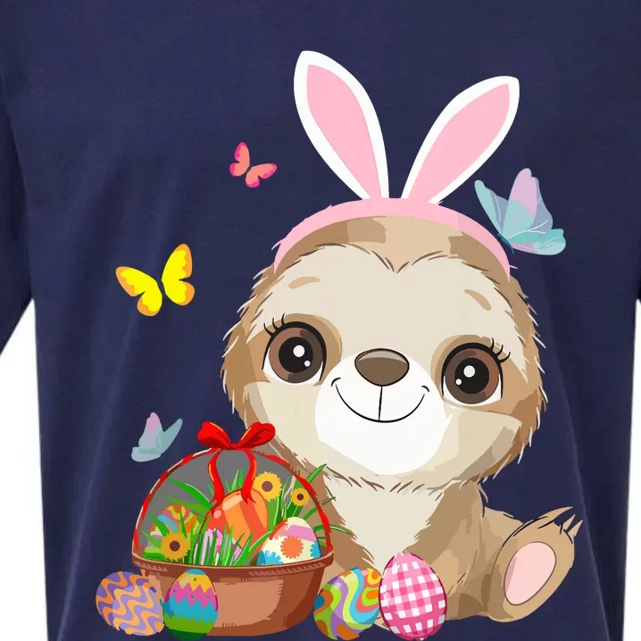 Funny Sloth Bunny Ear With Eggs Basket Easter Costume Rabbit Sueded Cloud Jersey T-Shirt