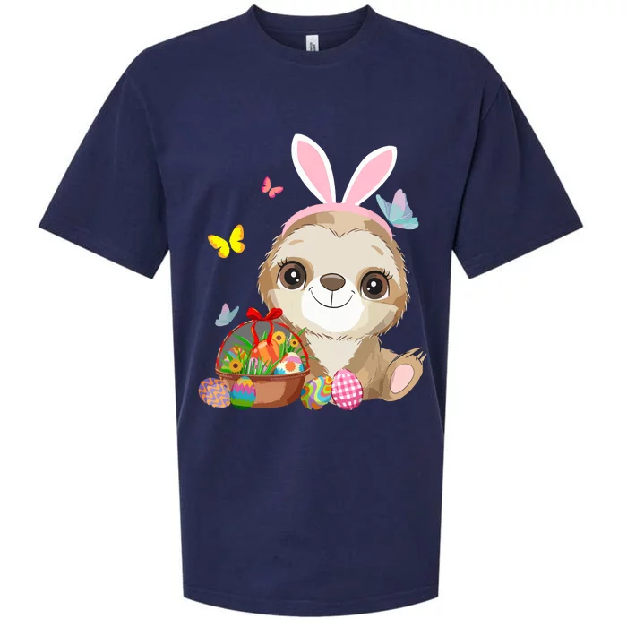 Funny Sloth Bunny Ear With Eggs Basket Easter Costume Rabbit Sueded Cloud Jersey T-Shirt