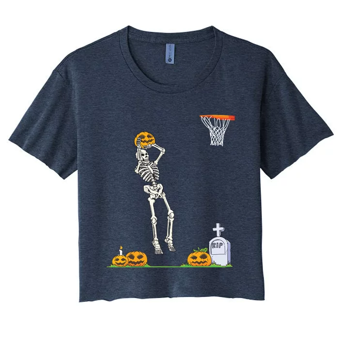 Funny Skeleton Basketball Halloween Pumpkin Women's Crop Top Tee